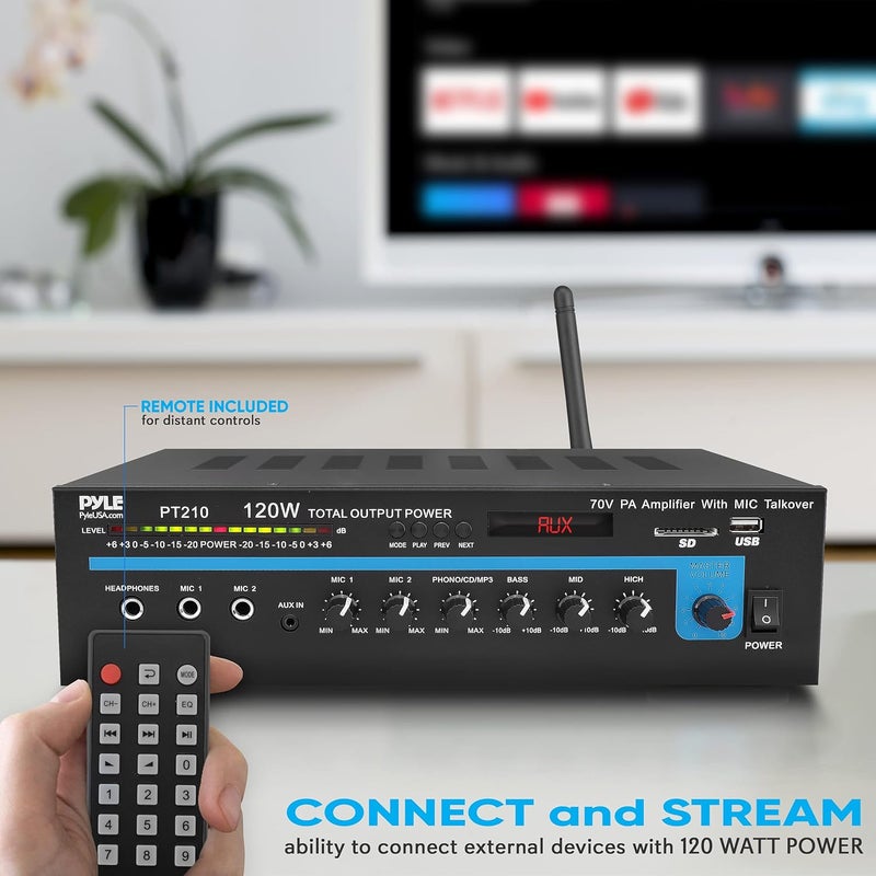 Pyle مضخم صوت أحادي للخطاب العام مع بلوتوث - 120 واط مضخم PA مع مخرج 70 فولت، مدخلين ميكروفون - تحكم مستقل في الصوت لكل قناة - معادل 3 نطاقات - للاستخدام المنزلي، التجاري، المطاعم، المدارس - PT210 - Image 4